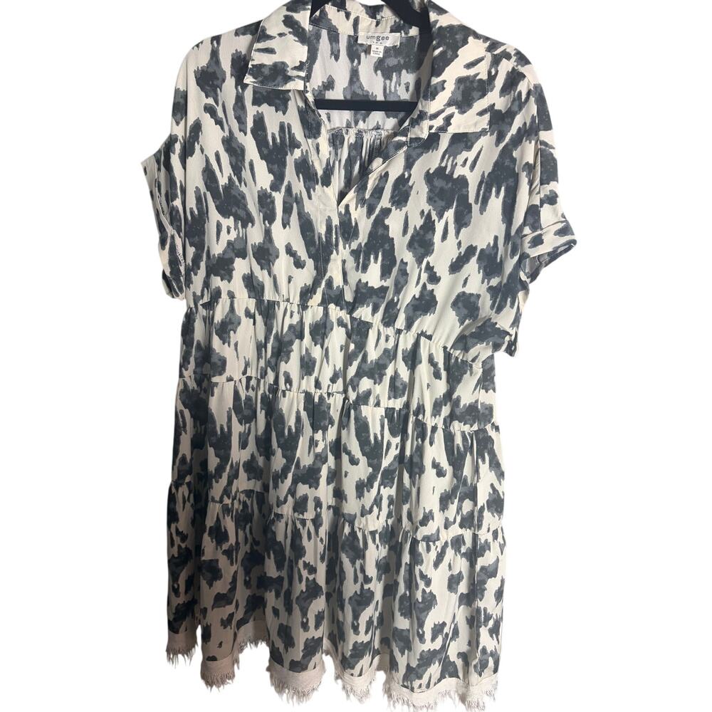 Umgee USA Animal Print Tiered‎ Babydoll Dress Frayed Hem Collared Mini M Boho
